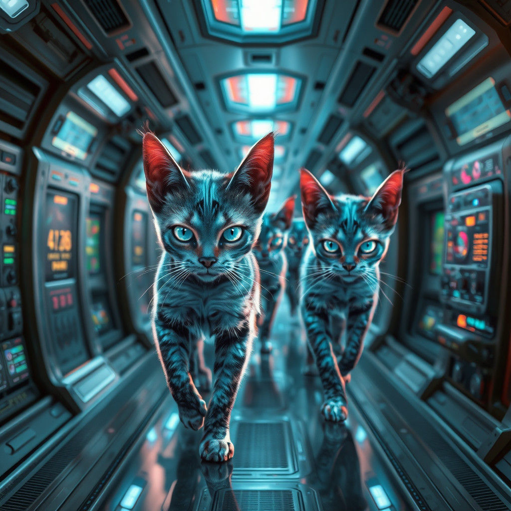 Blue Feline Aliens Navigate Futuristic Spaceship