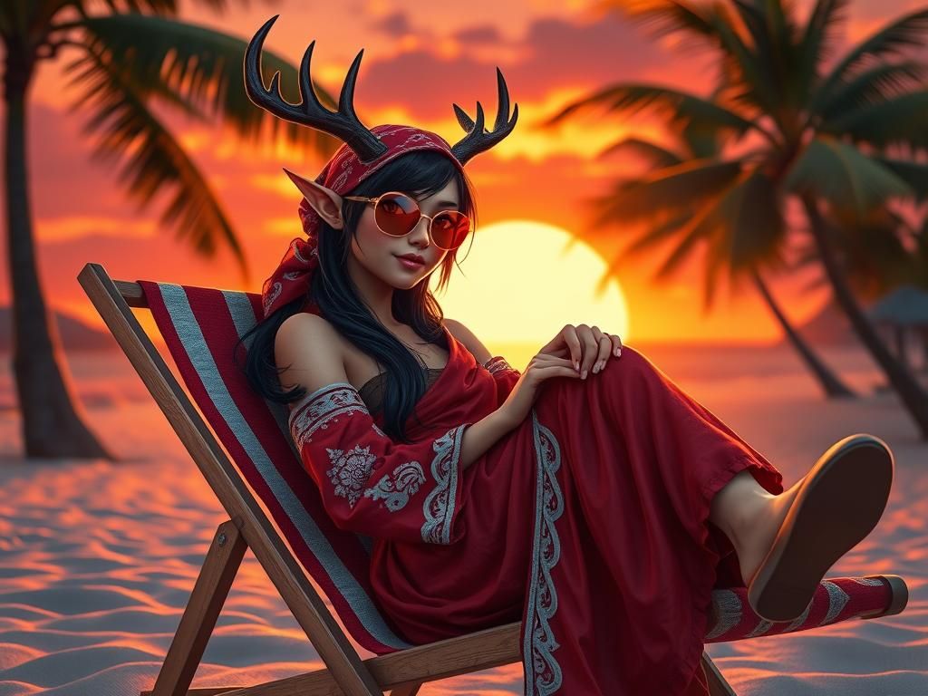 Brunette Elf Lounging on Tropical Beach in Fauvism Style