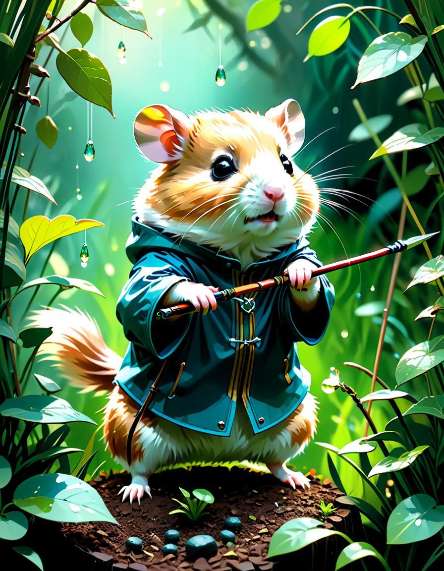 Hamster Archer in Garden, Digital Painting