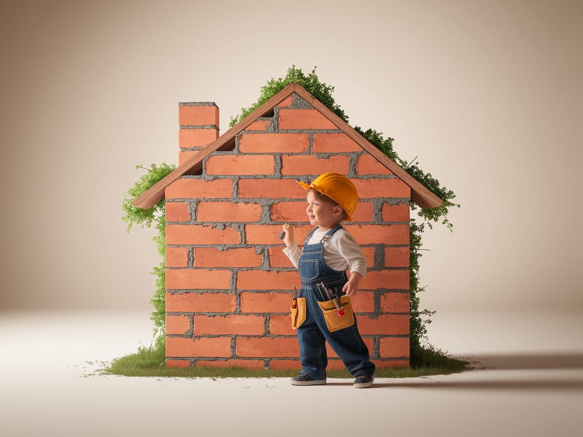 Child Builder Constructing Brick Wall in Vignette Frame
