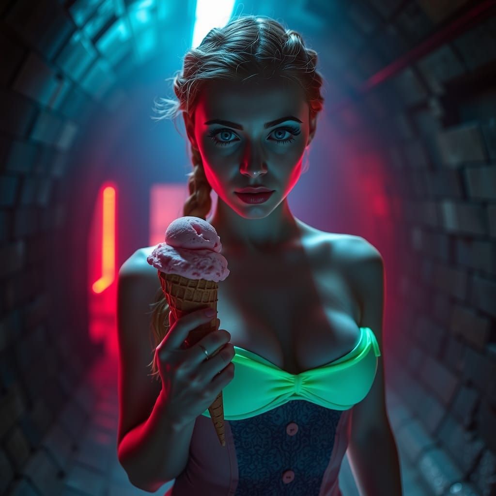 Neon Lit Woman with Strawberry Ice Cream