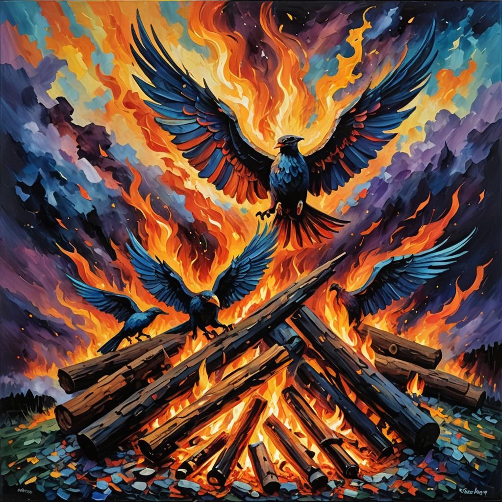 Campfire with Wings of Fire: Impasto Oil Painting