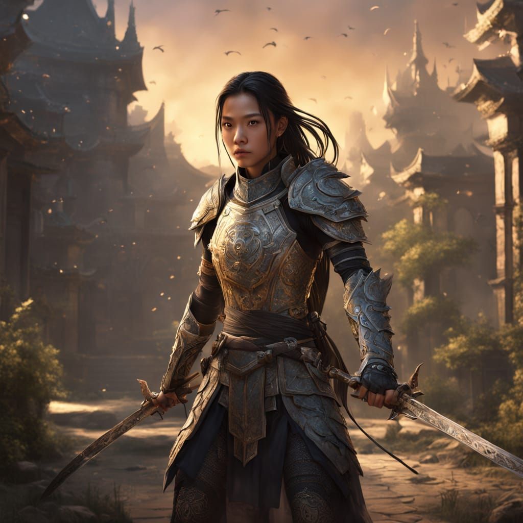 Asian Paladin Wields Swords in Golden Hour