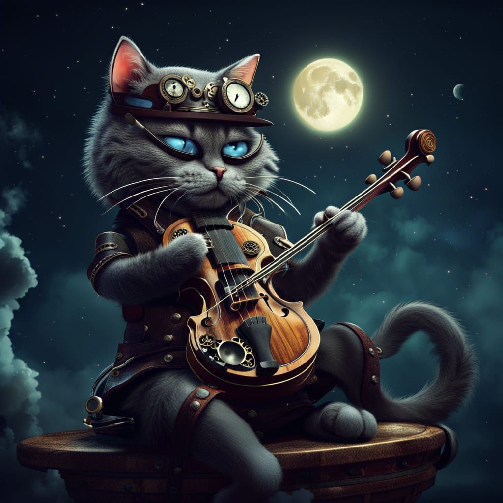 Steampunk Cat Serenades Moon with Violin
