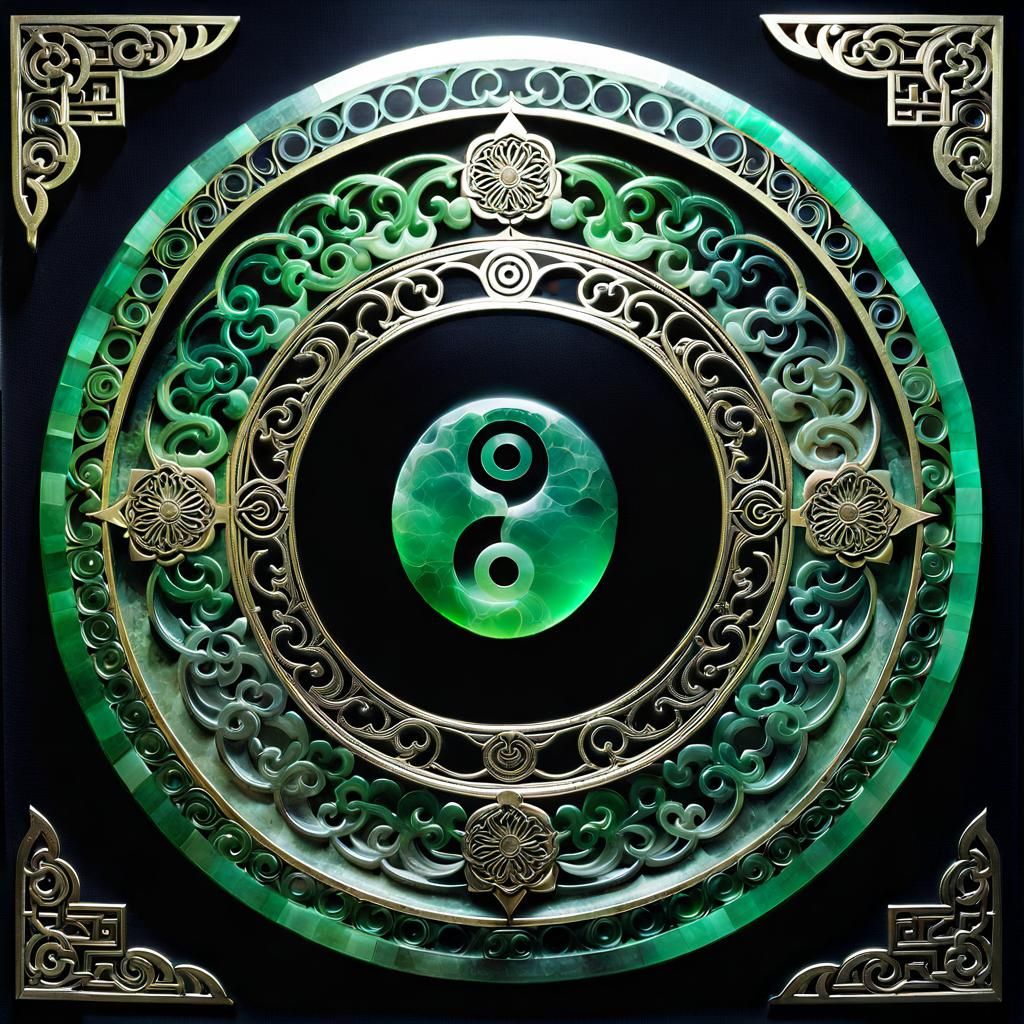 Intricate Yin-Yang Mandala Panel with Jade and Stones