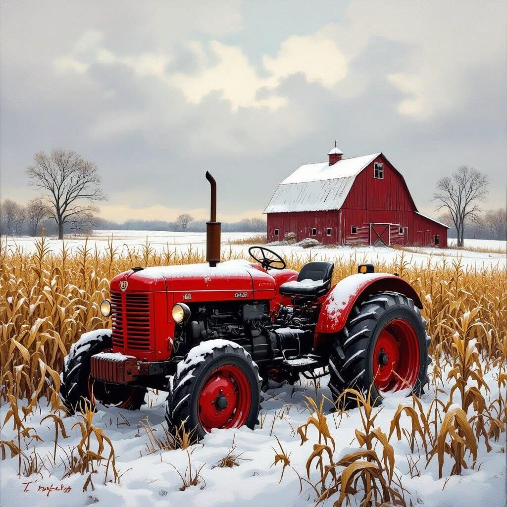 Vintage Tractor in Snowy Cornfield with Barn