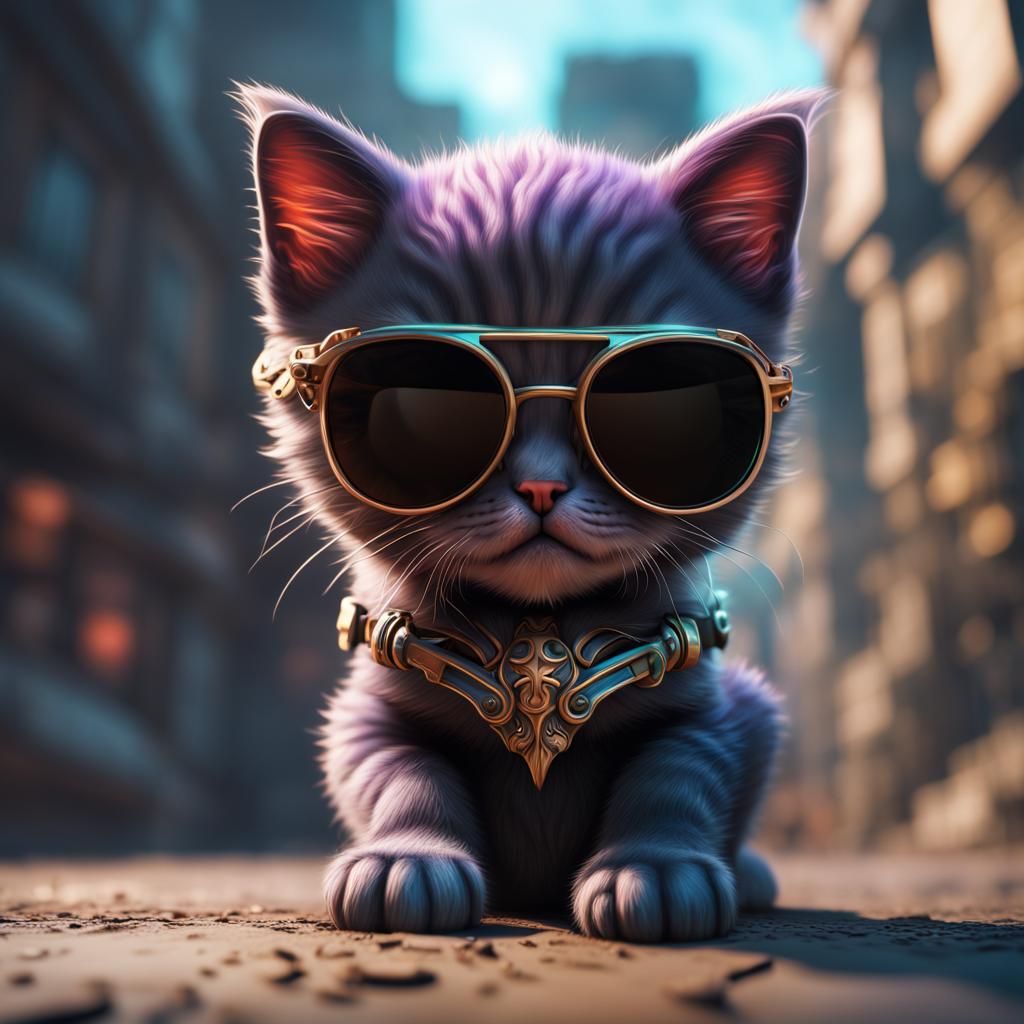Kitten with Black Shades: Detailed Fantasy Art