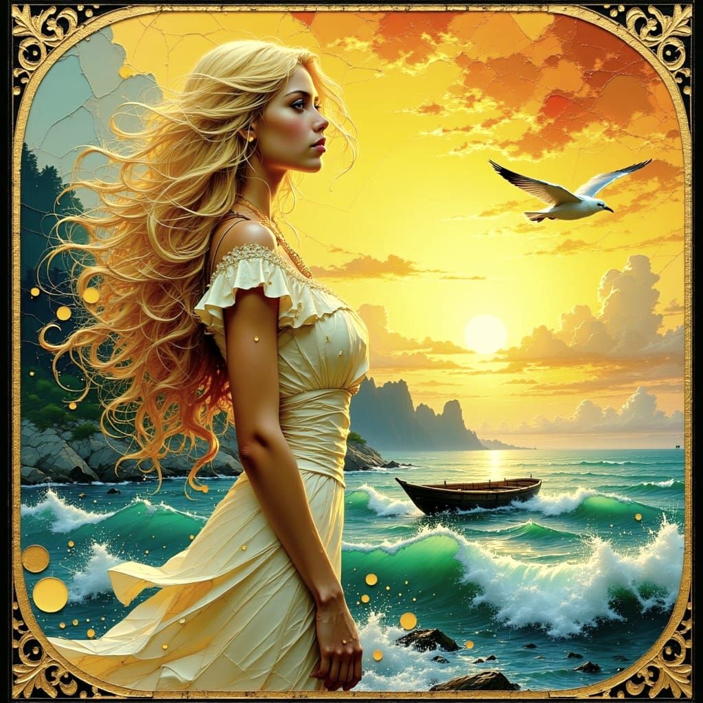 Ethereal Ocean Goddess with Seagull and Dappled Orbs