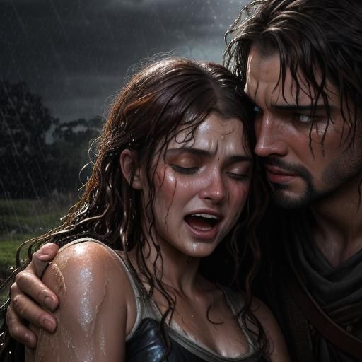 Medieval Couple's Anguish in Stormy Camp