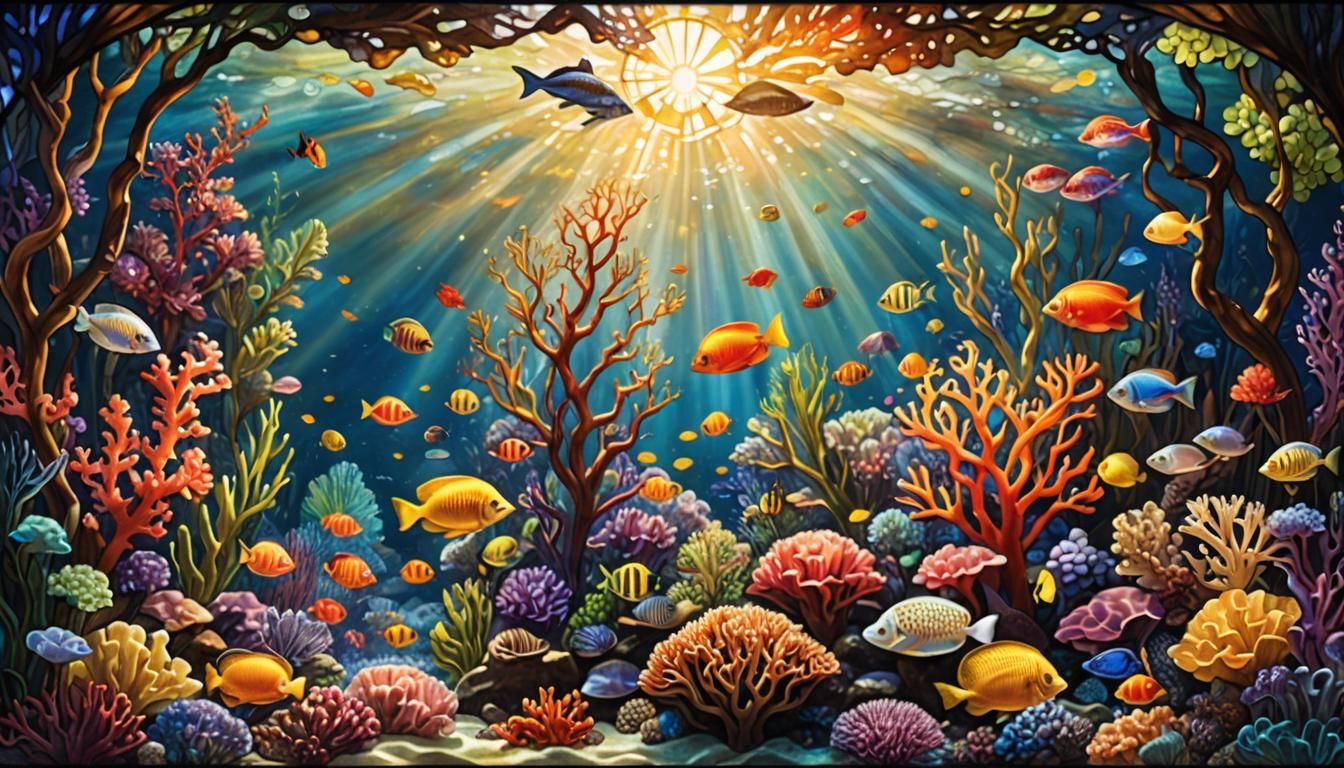Luminous Coral Reef in Stained Glass Style