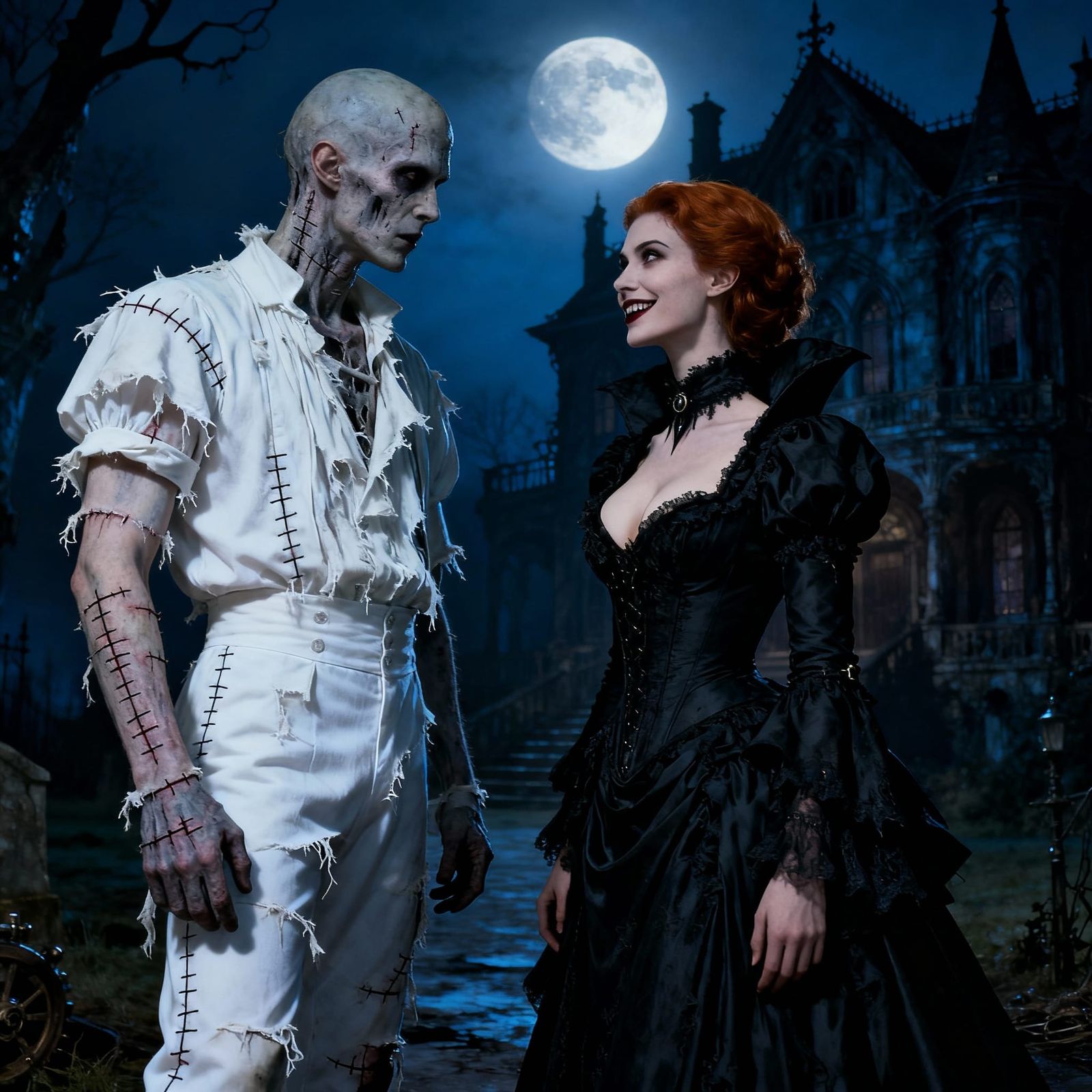 Vampire Greets Steampunk Man Outside Gothic Mansion