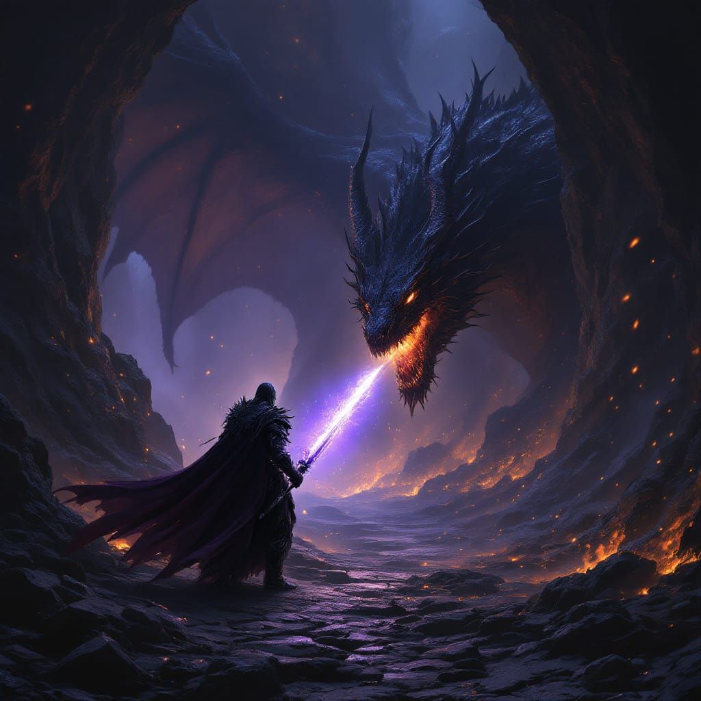 Dark Knight Battles Fire Dragon in Cavern Concept Art