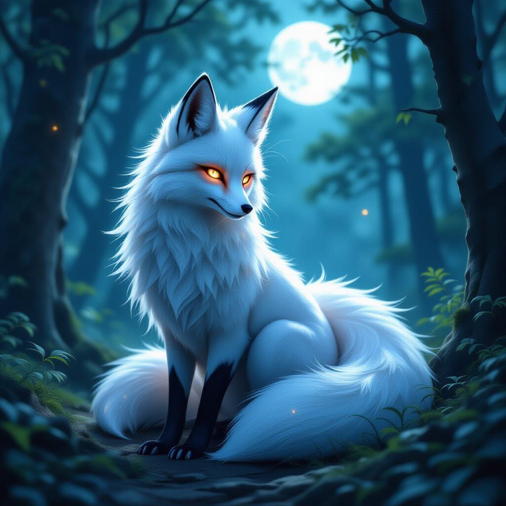 Shimmering Kitsune in Moonlit Ancient Forest