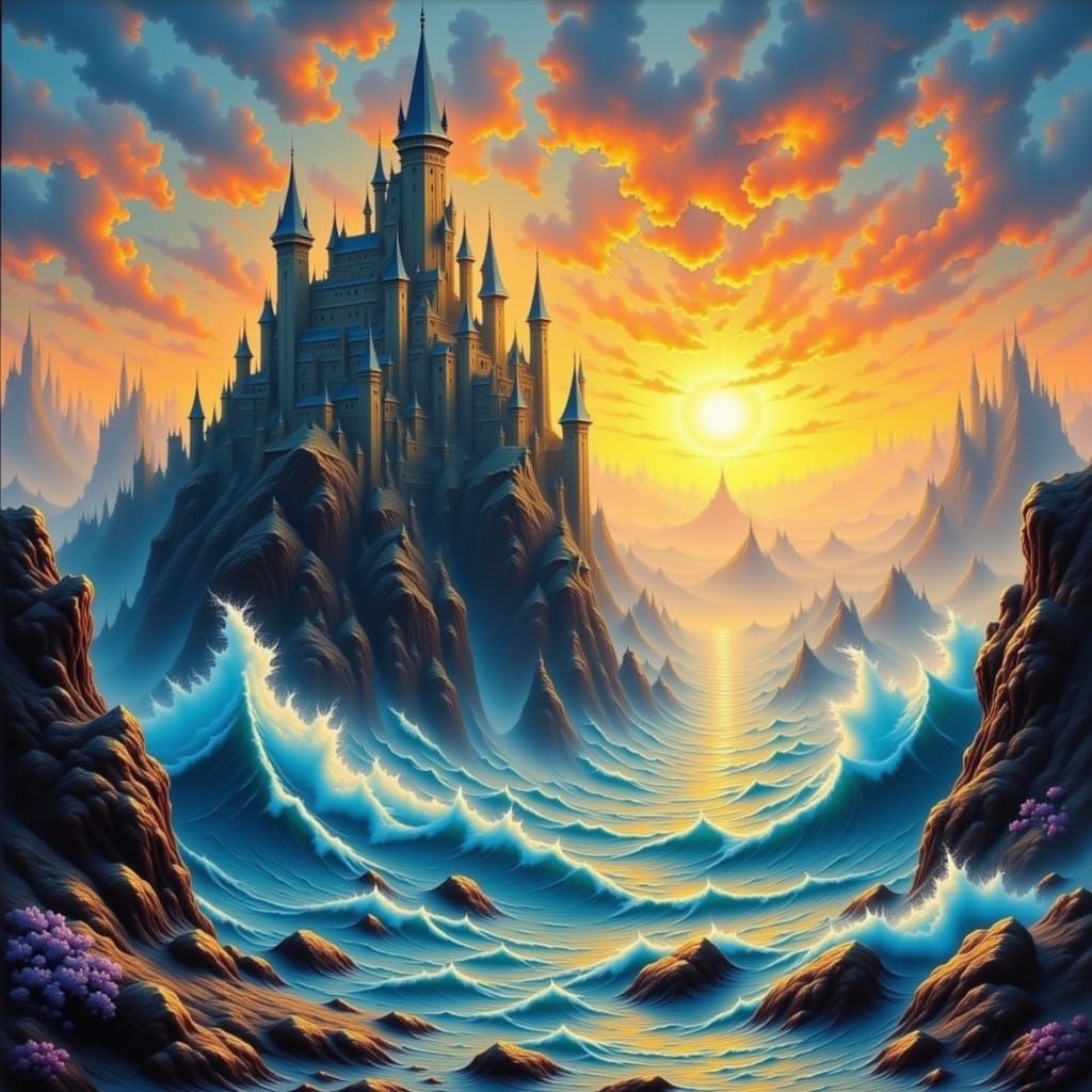 Majestic Ivory Castle at Sunset with Volumetric Lighting