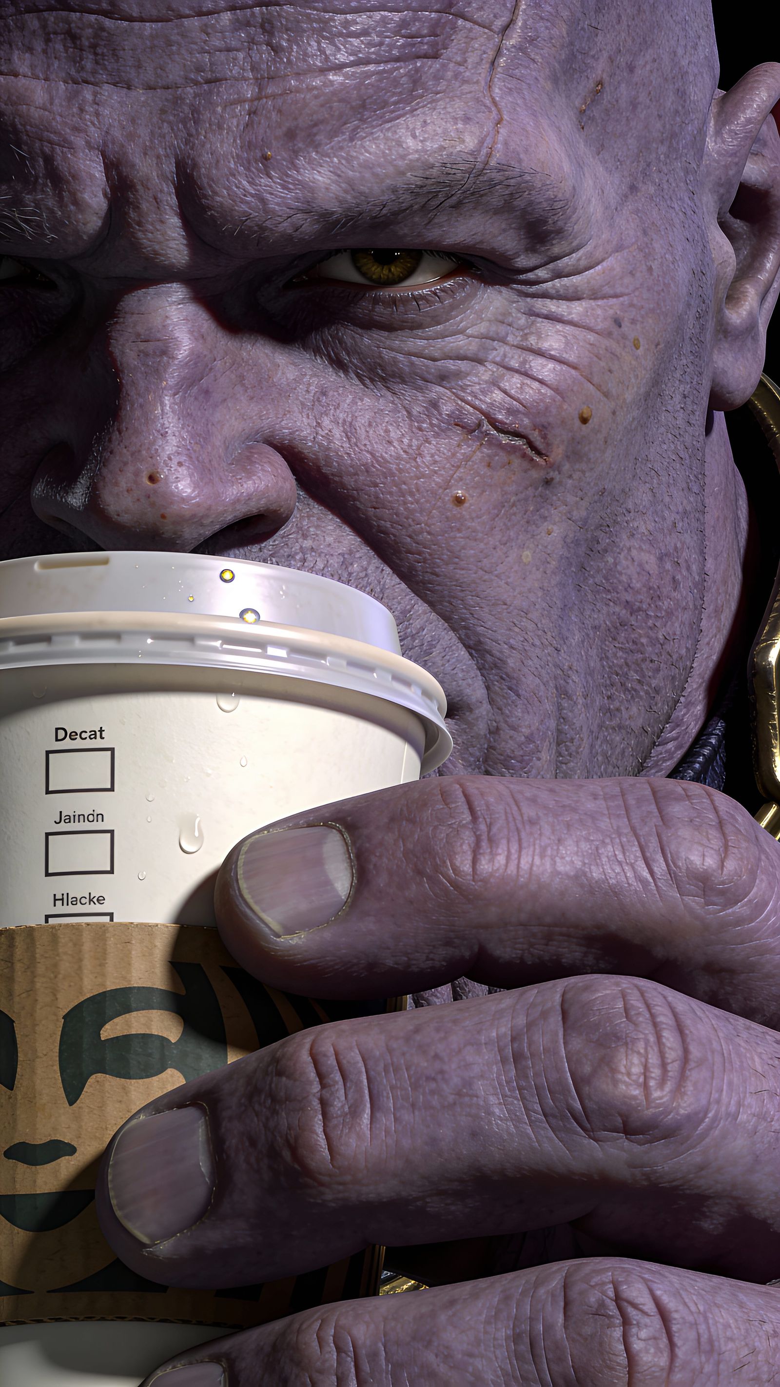 Thanos Holds Coffee Cup in Macro Cinematic Style