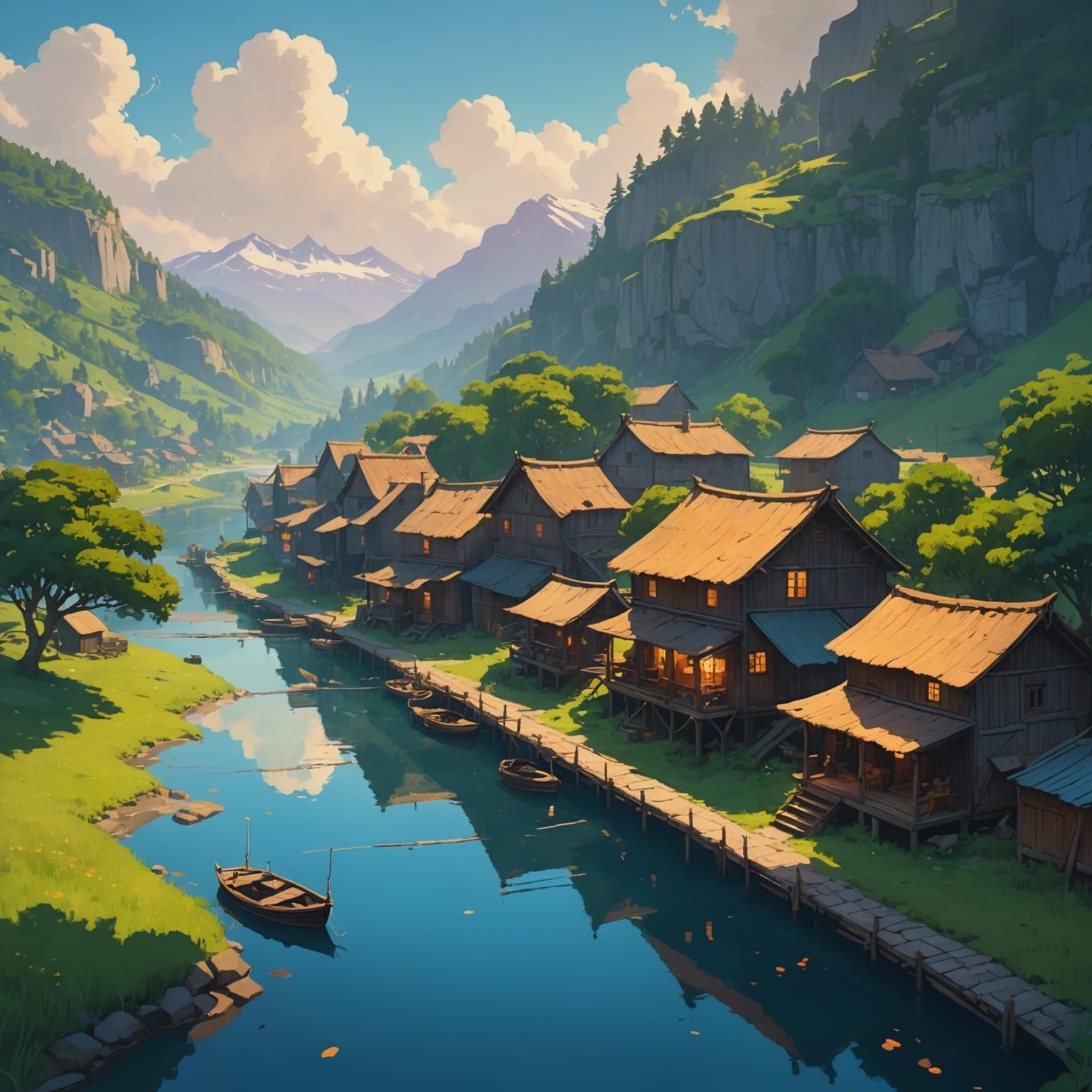 Ethereal Village with Global Illumination, Digital Painting