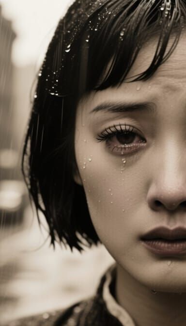 East Asian Woman's Eyes in Rainy Sepia Photo