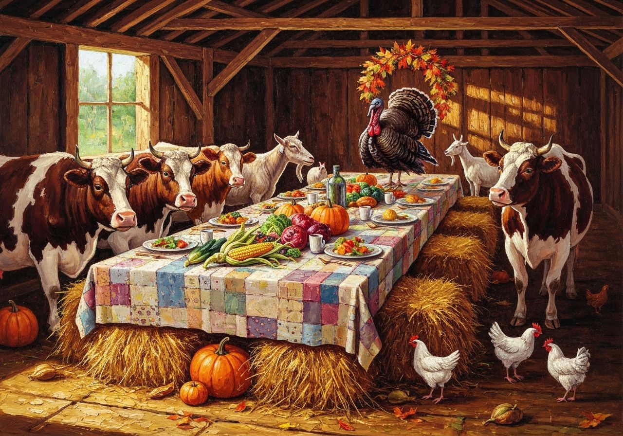 Farm Animal Thanksgiving Banquet in Rustic Barn