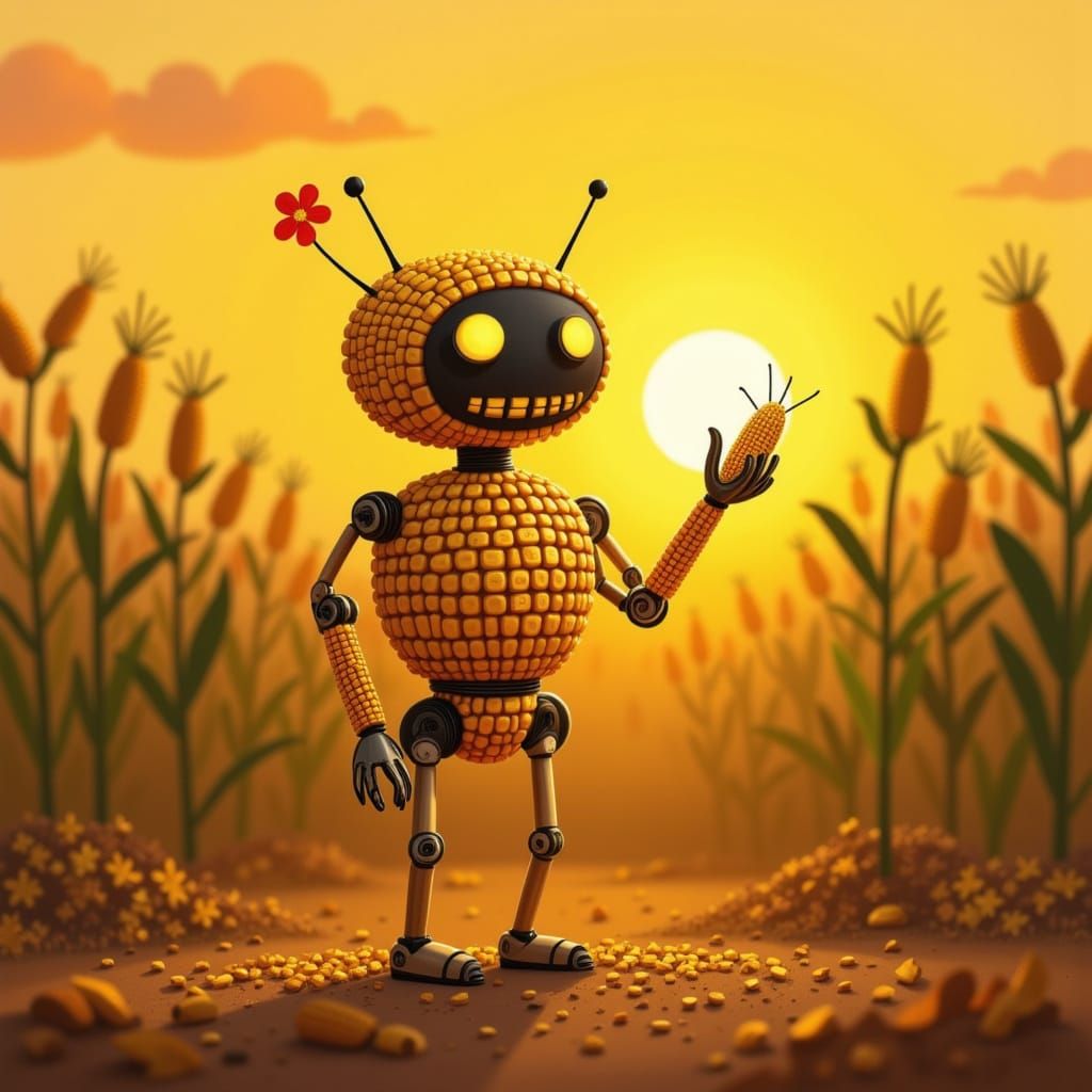 Sentient Corn Robot in Sunlit Field