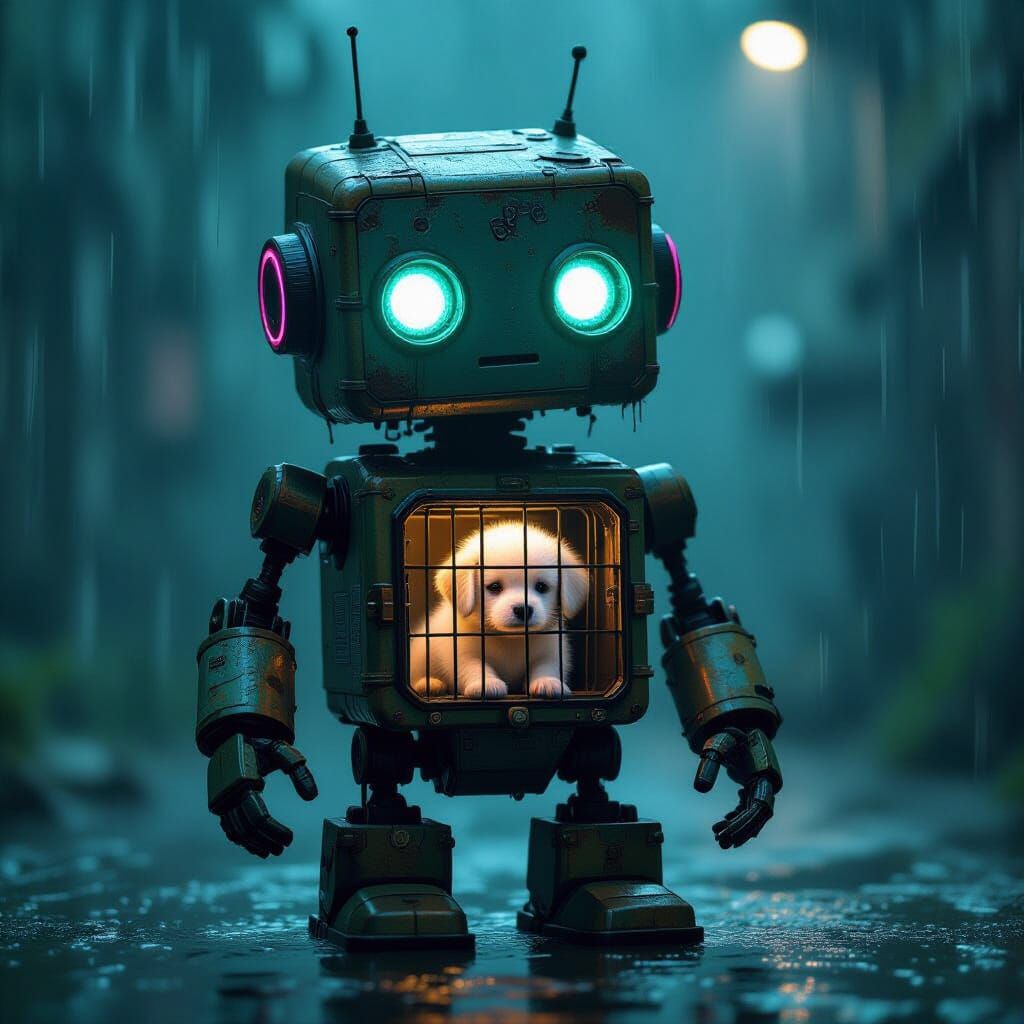 Weathered Robot Protects Puppy in Dystopian Rain