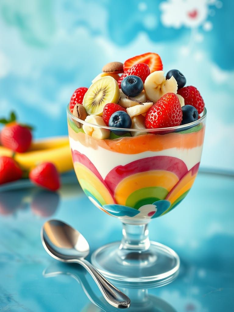 Rainbow Yogurt Parfait in Watercolor Illustration Style