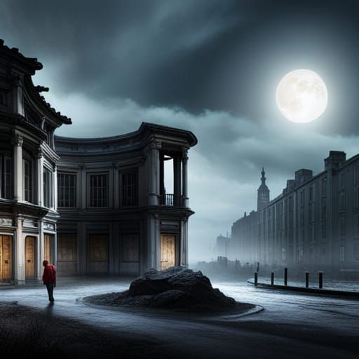 abandoned mental asylum building at night, seen from the outside, caretaker closes the door, misty, blue, black, dark