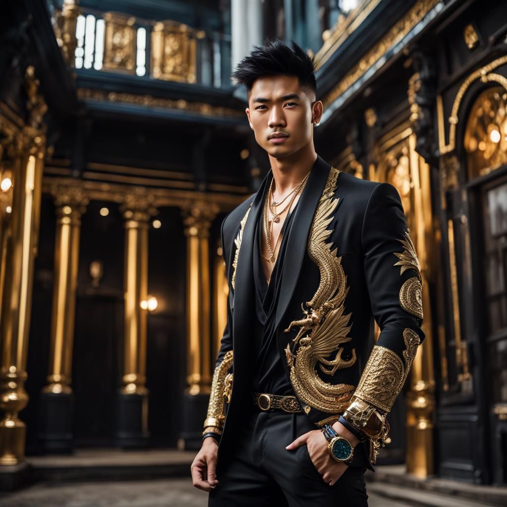 Muscular Asian Model in Vintage Building, Realistic Style