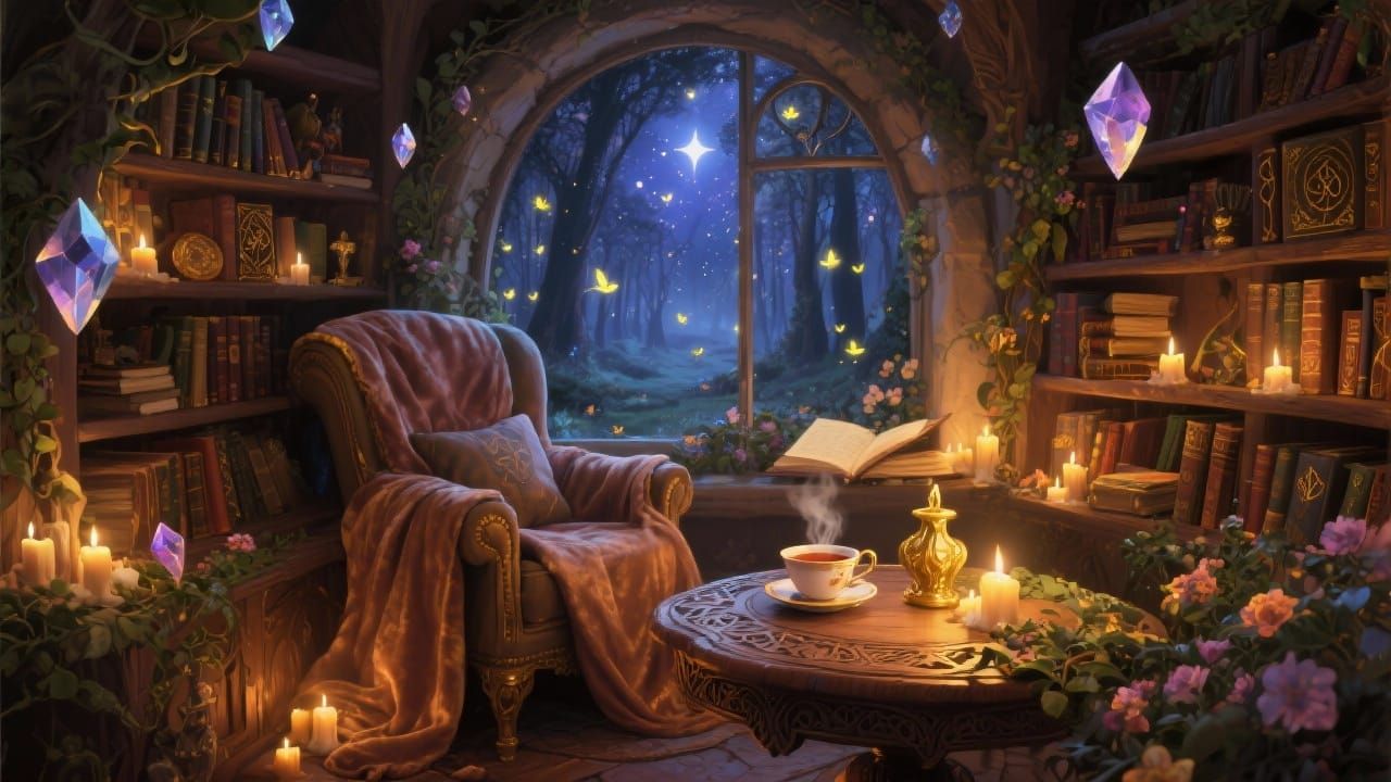 Enchanting Fantasy Reading Nook with Starlit Forest