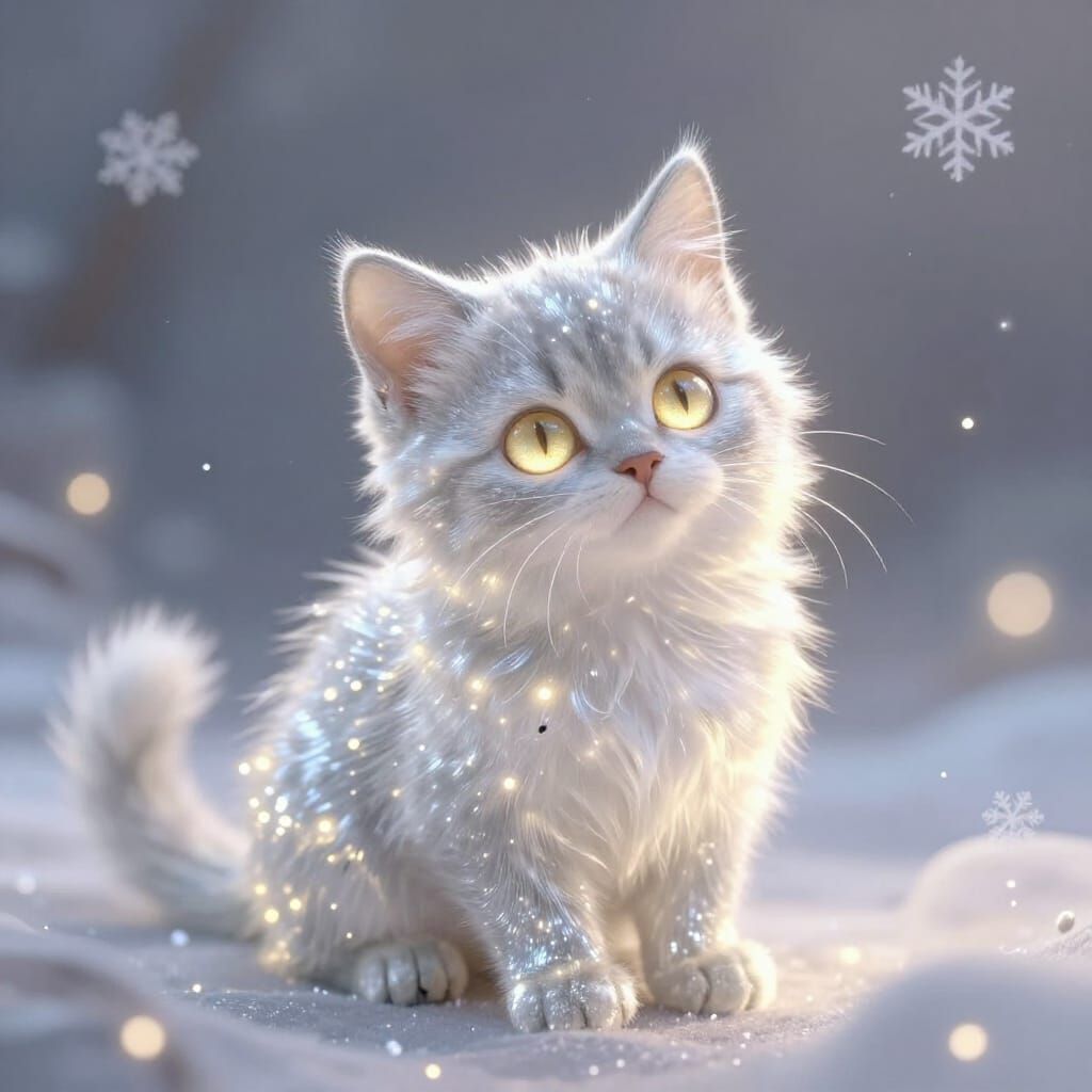 Ethereal Silver Kitten in Dreamlike Fantasy Scene