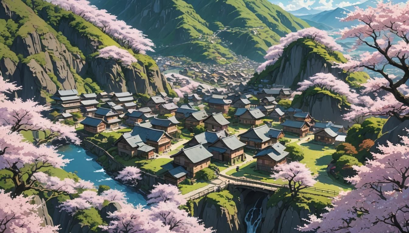 Anime Village Between Mountains in Ghibli Style