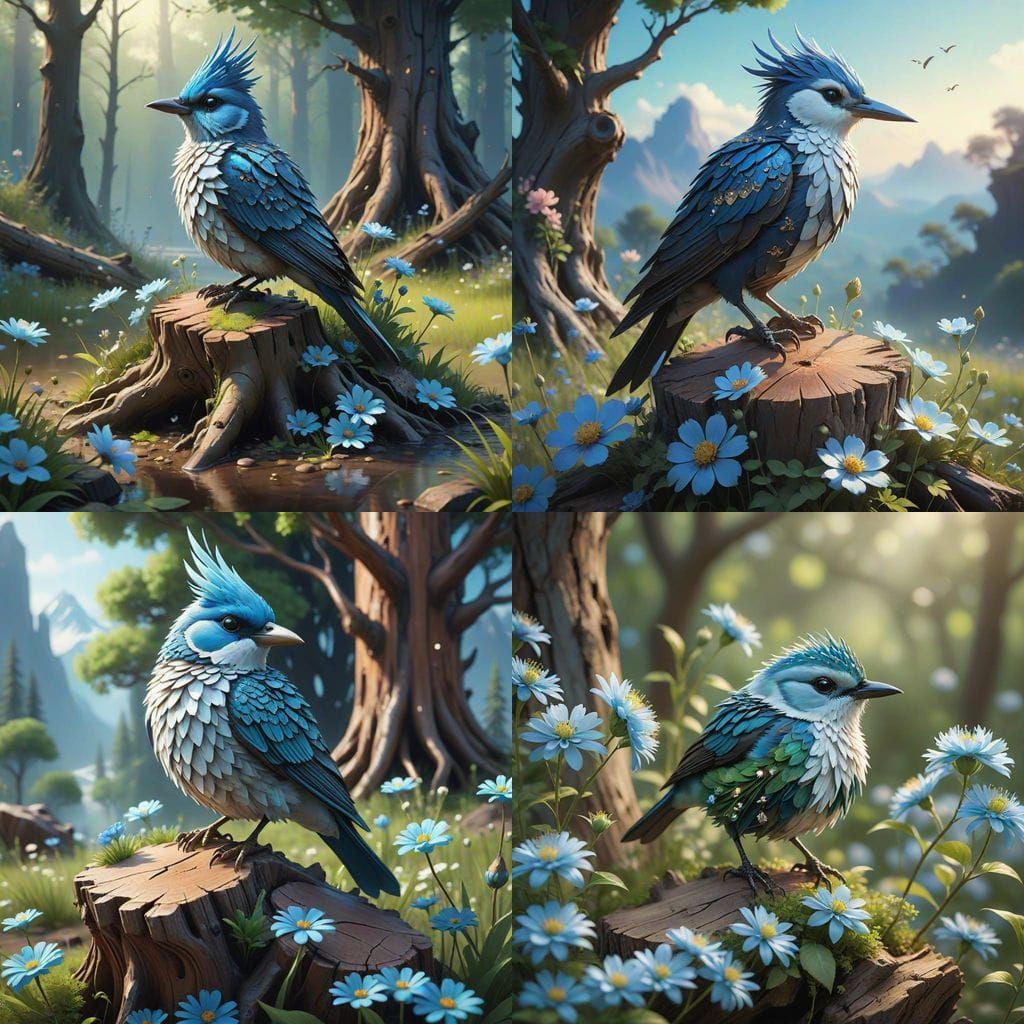 Surreal Blue Floral Bird on Weathered Tree Stump in Enchante...