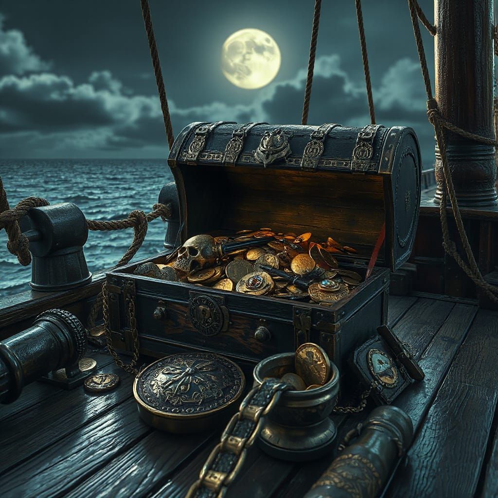 Treasure Chest Overflowing on Pirate Ship Deck