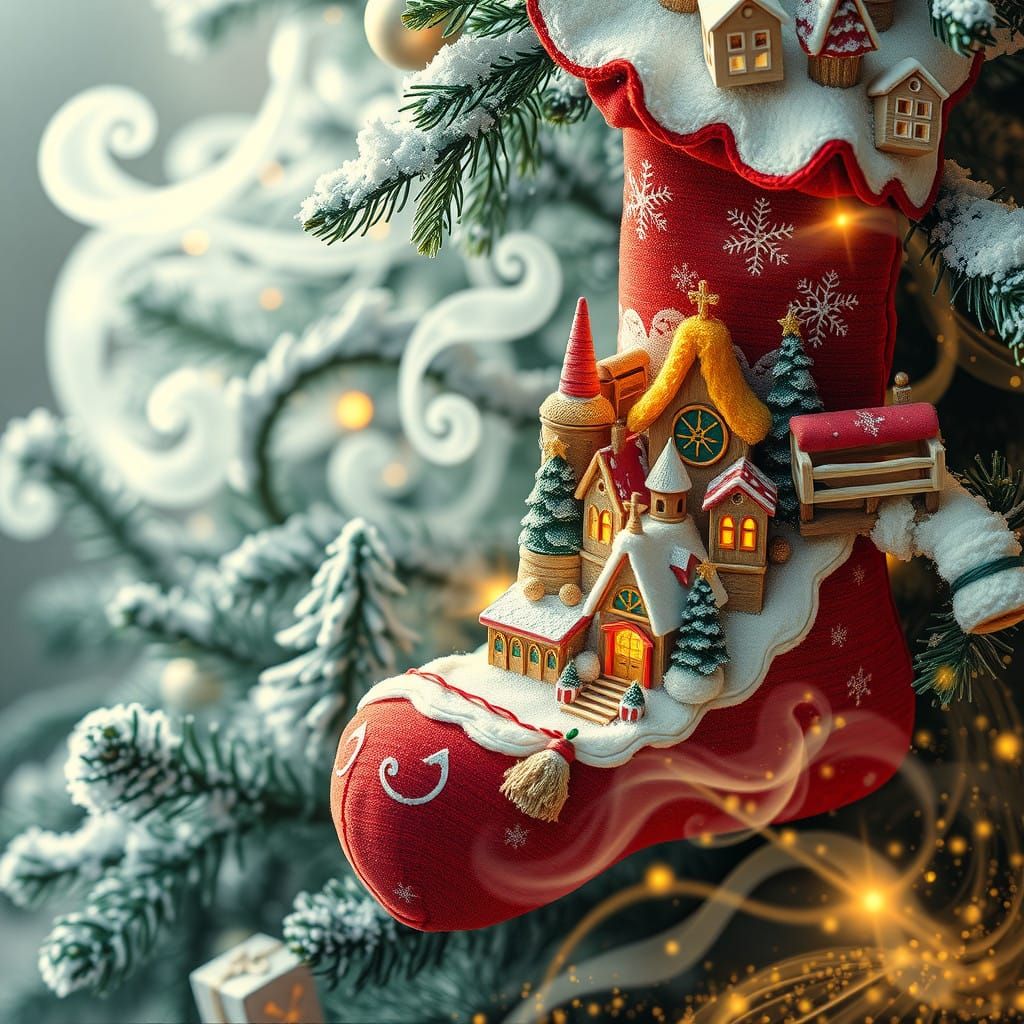 Fantastical Whimsy Village Embroidered on a Christmas Sock