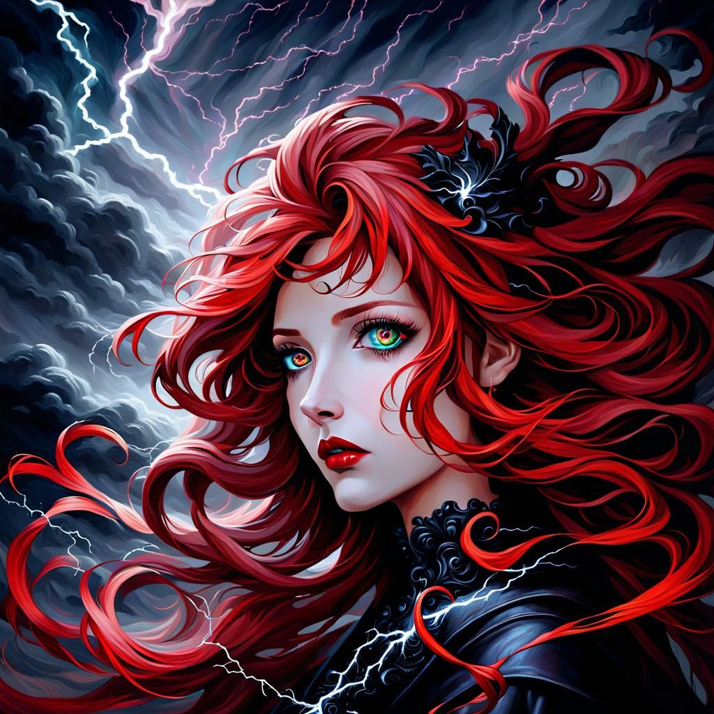 Red-Haired Woman in a Stormy Gothic Oil Painting