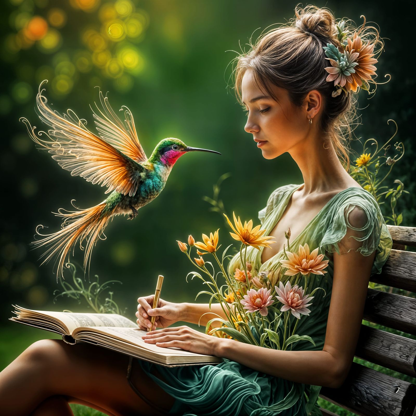 Sketchbook Blooms into Surreal Garden with Hummingbird