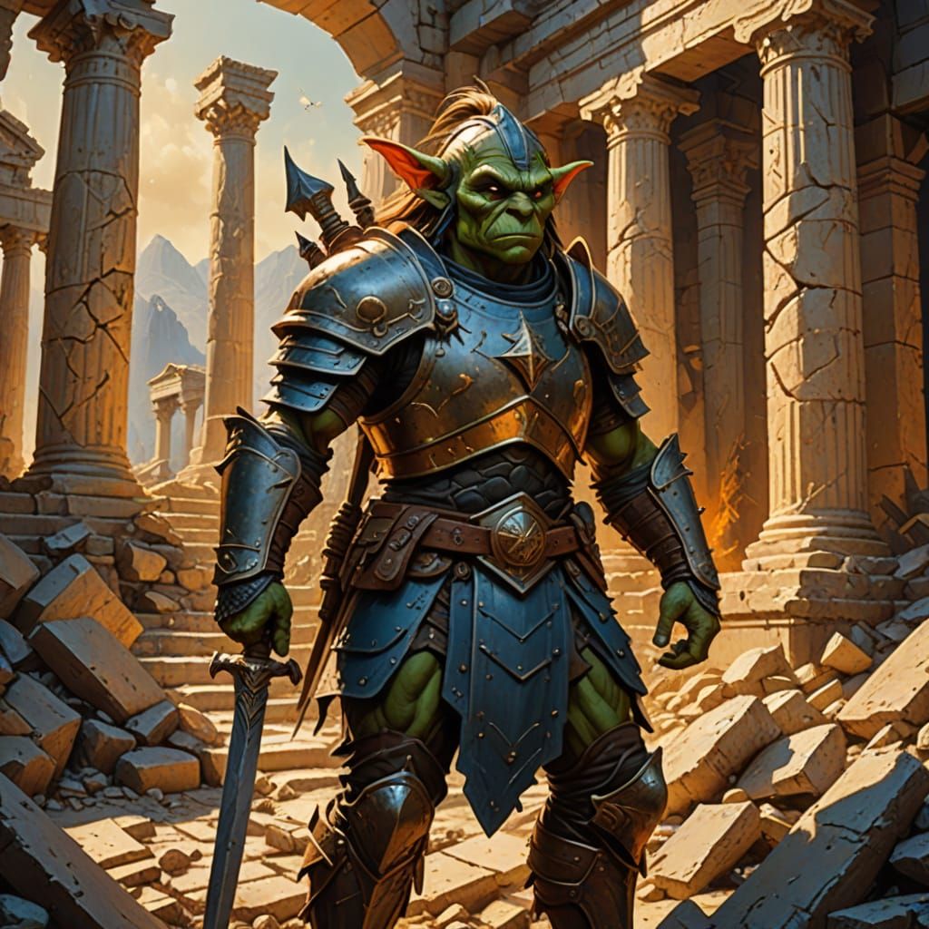 Goblin Warrior Amidst Ancient Greek Ruins in Vibrant Fantasy...