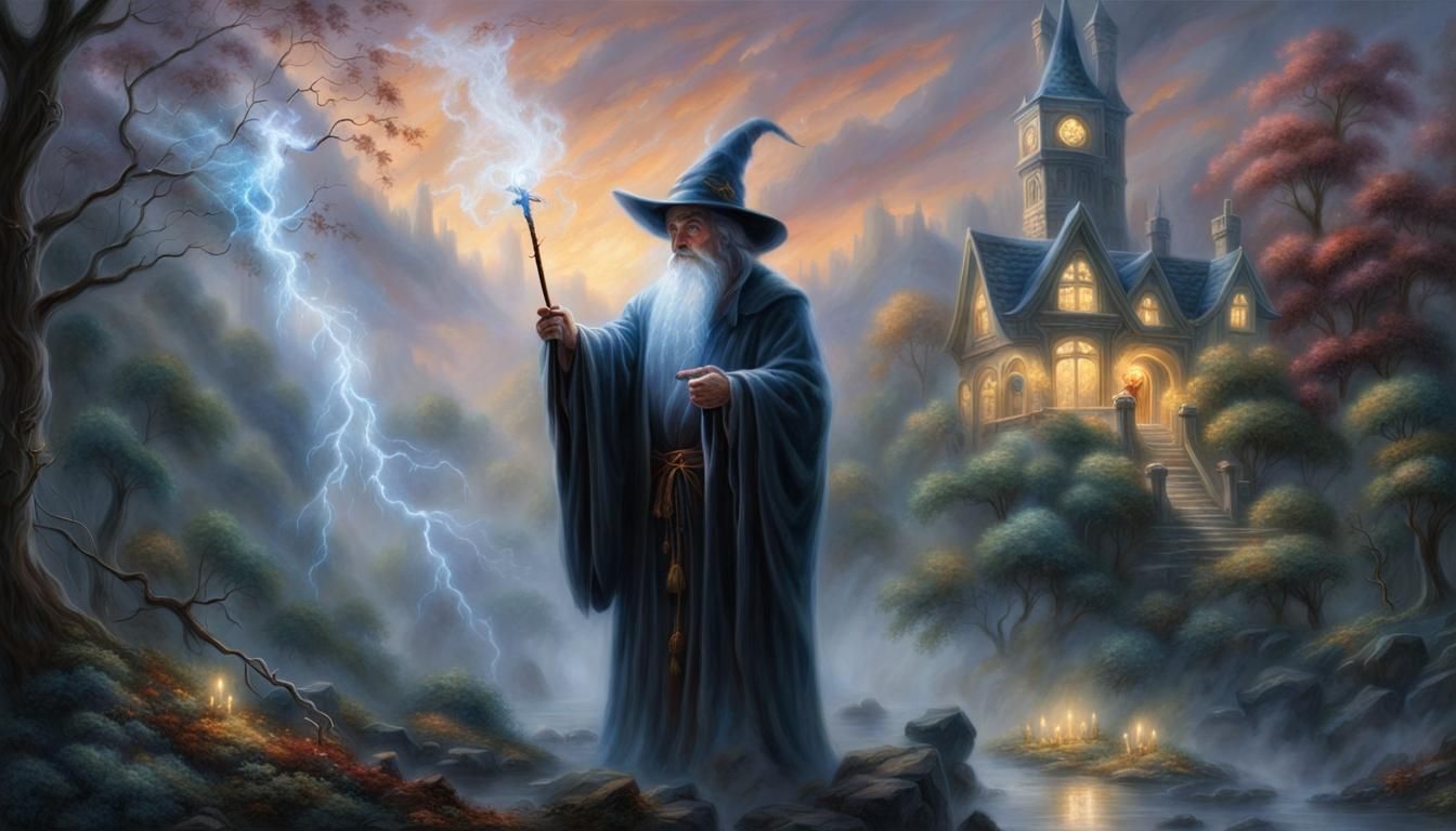 Dark Wizard Conjuring Lightning: Ethereal Fantasy Art