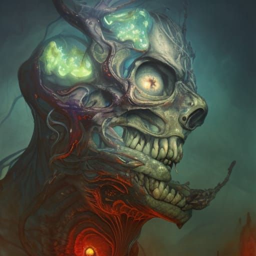 Lovecraftian Skull with Cosmic Deities in Watercolor