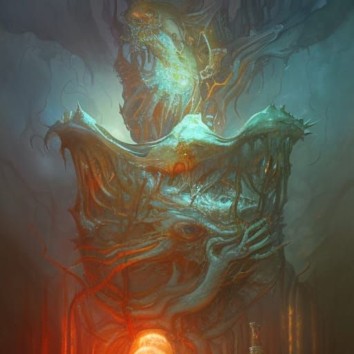 Lovecraftian Skull with Cosmic Deities in Watercolor