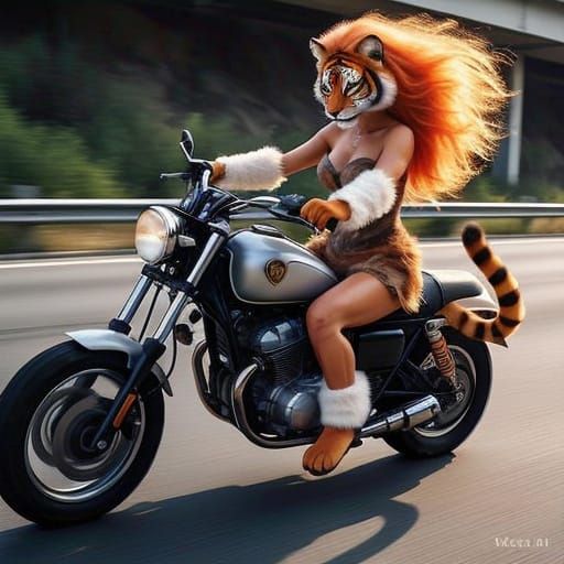 Cinematic Tigeress on Motorbike with Golden Hour Glow