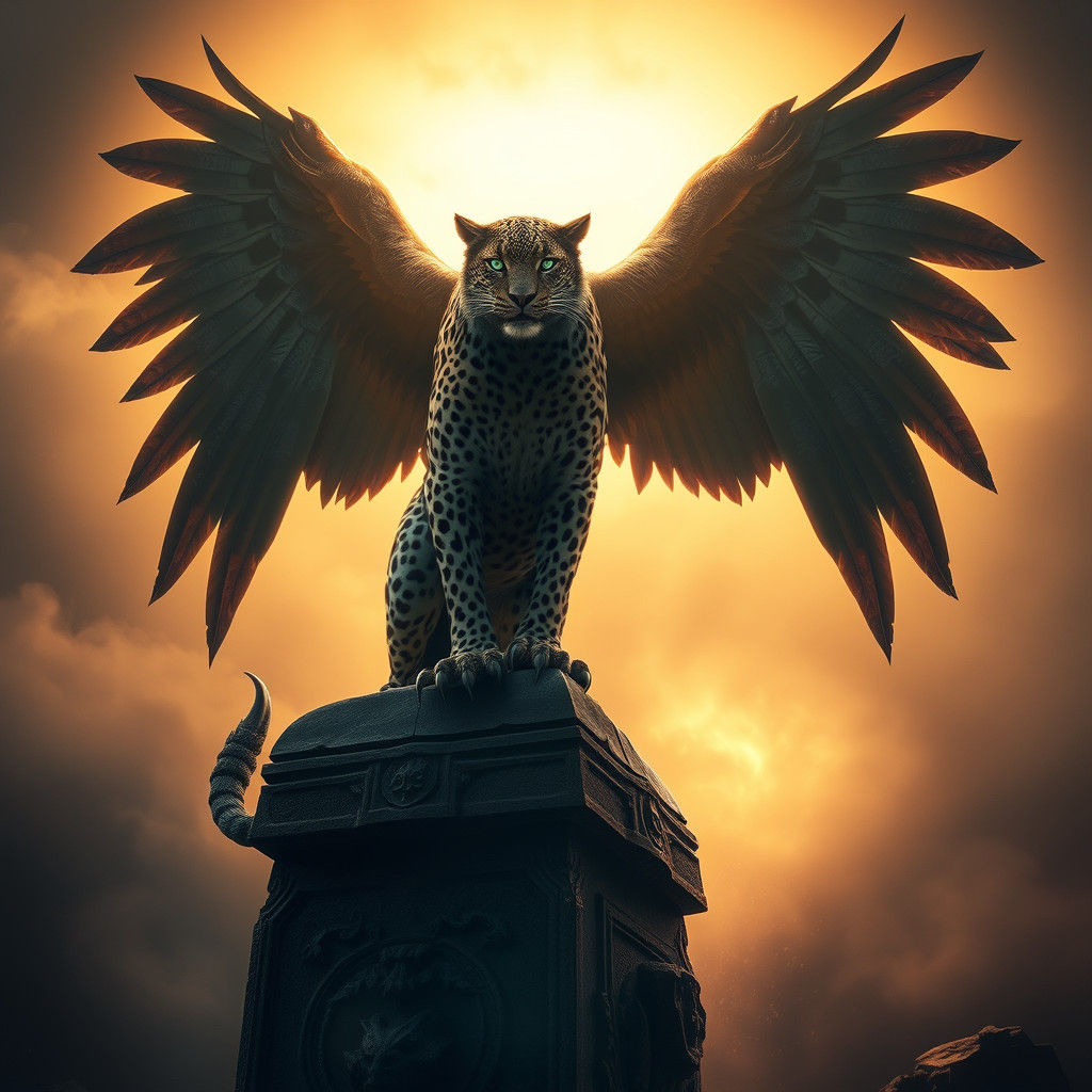 Mythological Leopard-Eagle Creature in Golden Light
