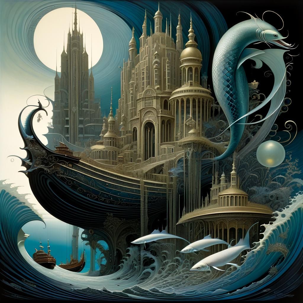 Surreal Underwater City with Merfolk, Detailed Illustration
