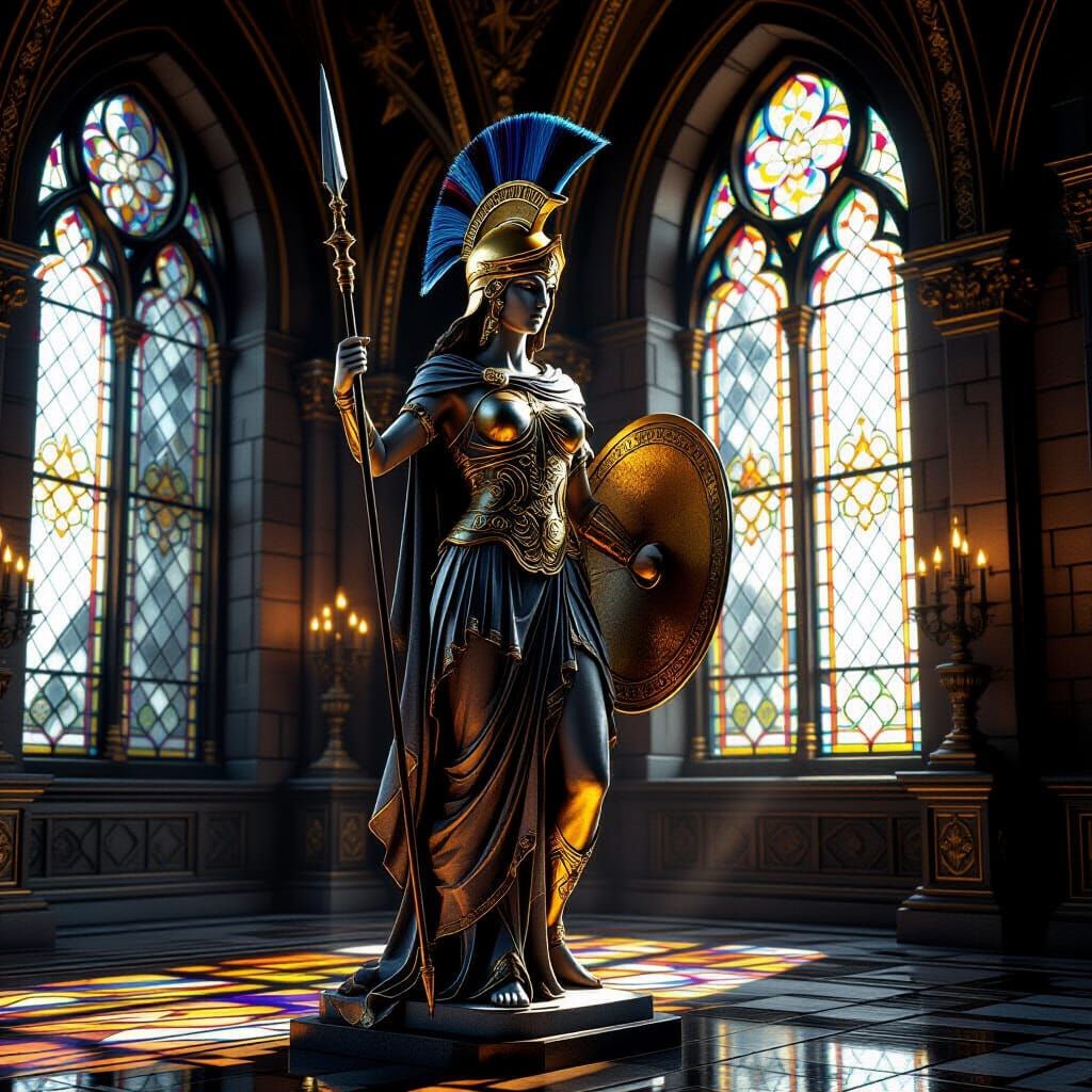 Athena Statue in Dark Fantasy Castle with Stained Glass