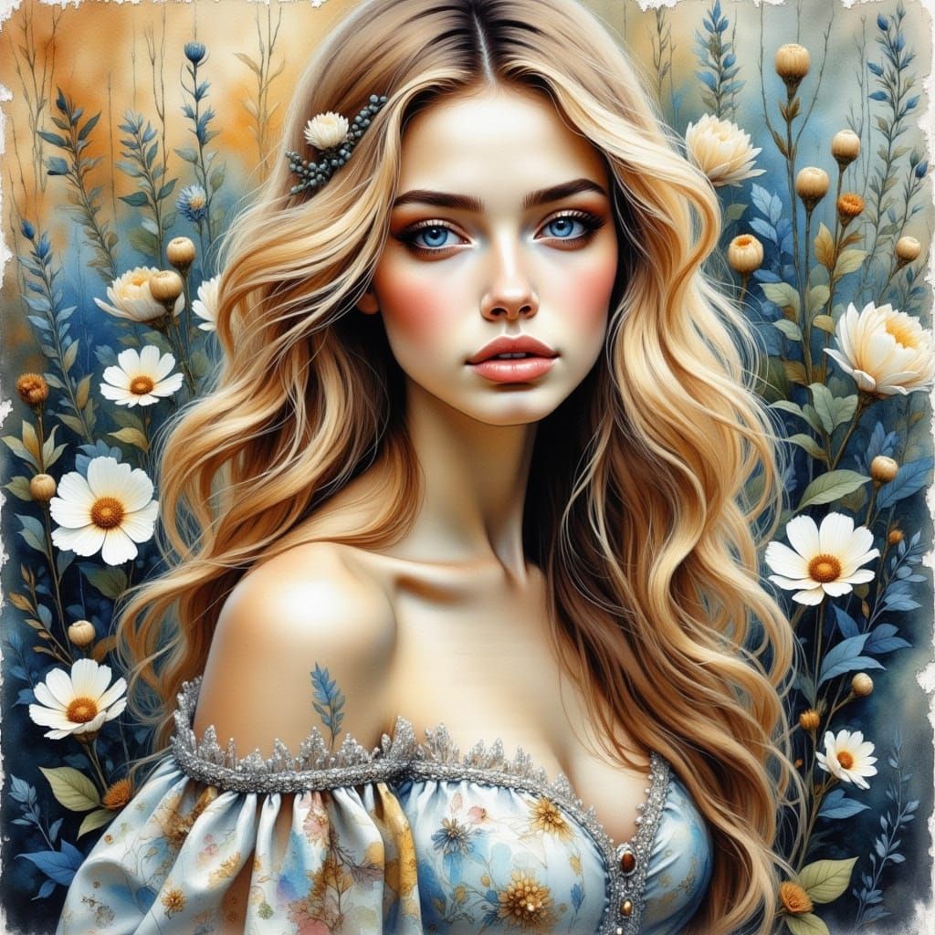 Melancholic Woman in Surreal Watercolor Collage