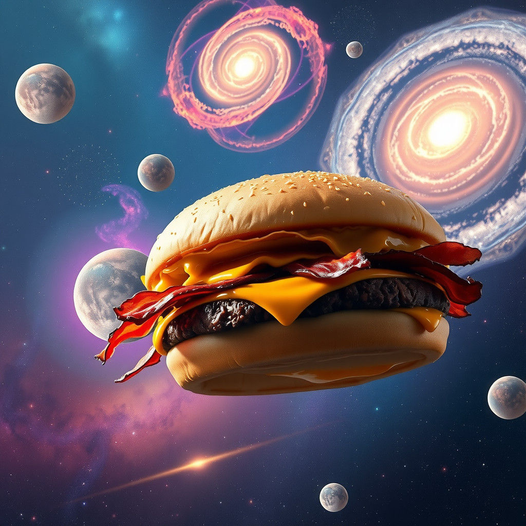 Floating Cheeseburger in Space with Galaxies