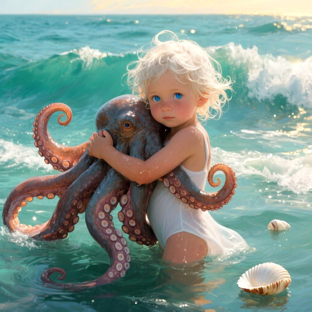 Child Embraced by Octopus in Sunlit Ocean, Oil Painting