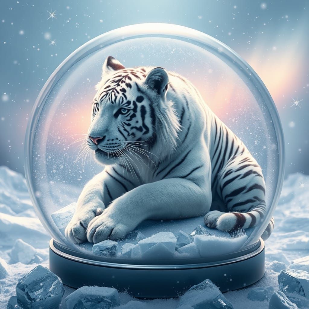 White Tiger in Snow Globe with Aurora Borealis