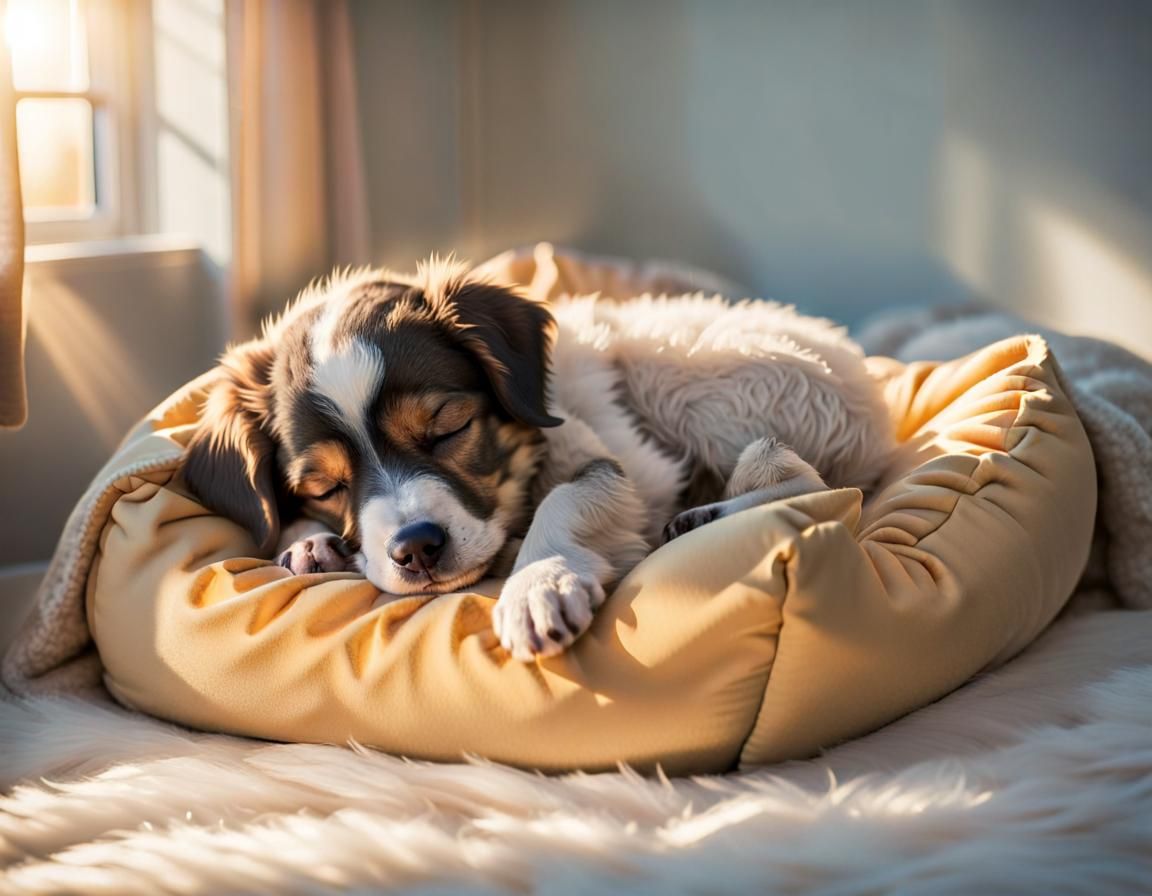Sleeping Puppy in Sunlight: Realistic Dog Photography