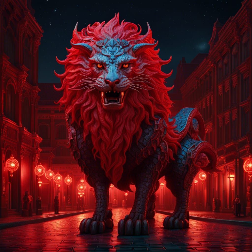 Hyperrealistic Manticore Portrait on Red Moonlit Street