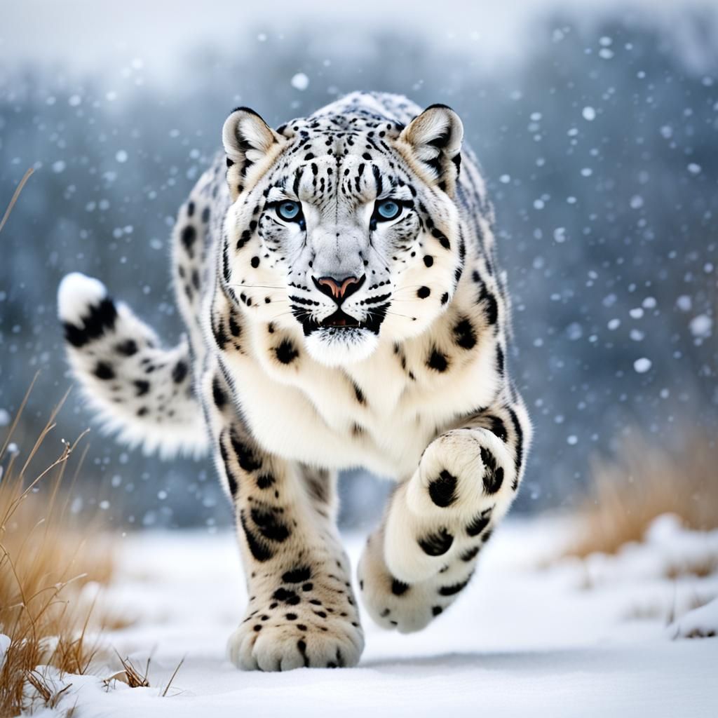 Magnificent Snow Leopard Runs Through Snowy Field